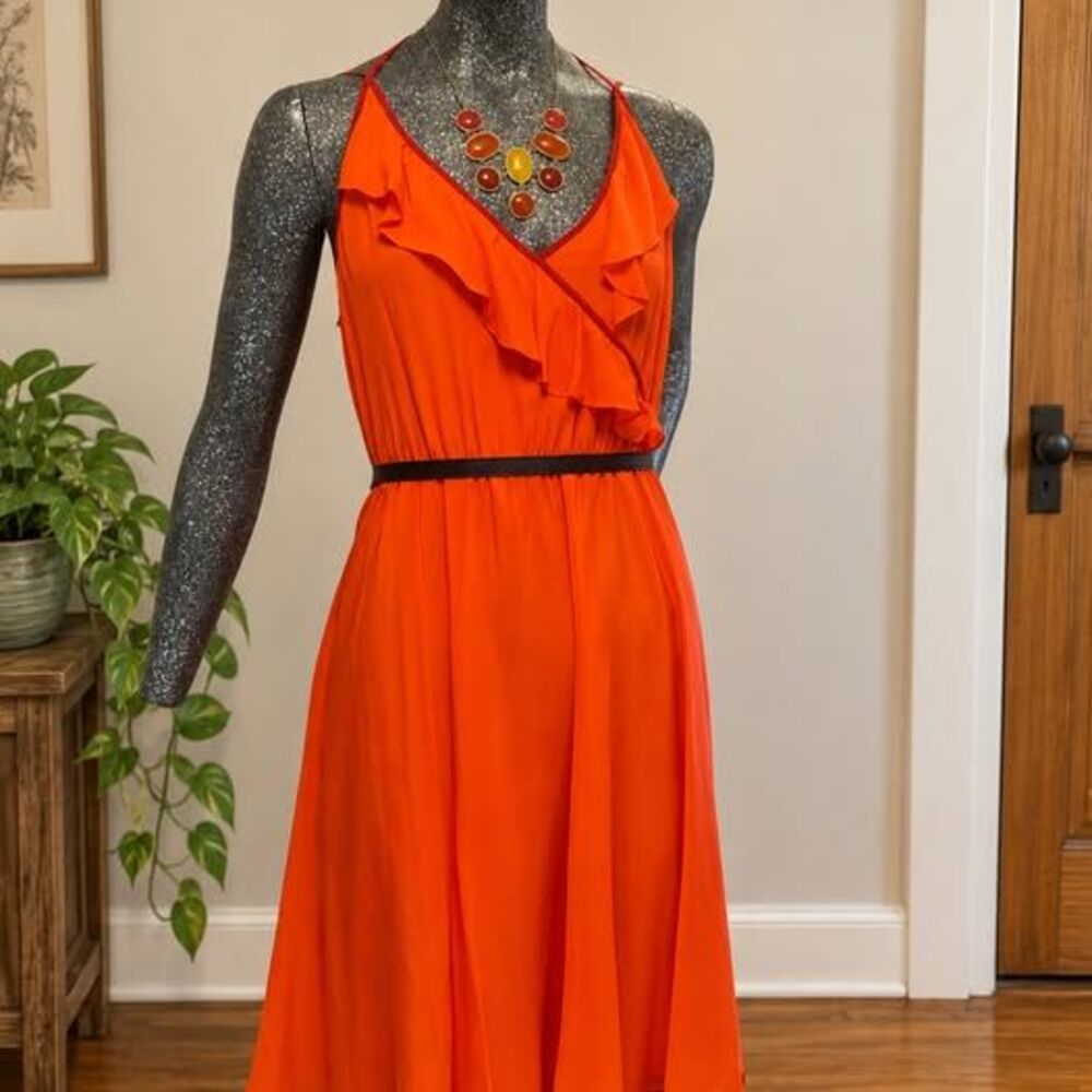 Anthropologie Girls From Savoy 100% Silk Orange Ruffle Halter Dress Size 10
